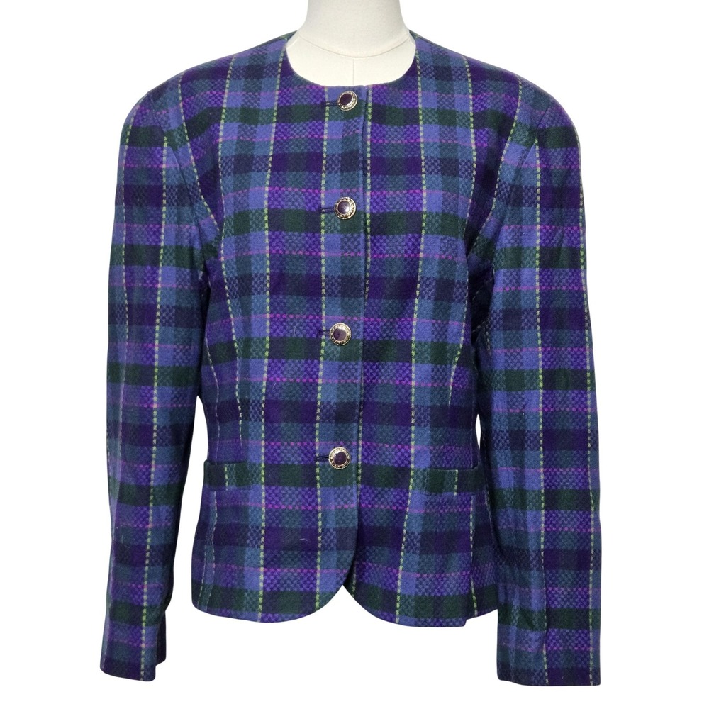 Pendleton Blazer Womens Medium Vintage Purple Plaid Wool Lined Collarless Jacket